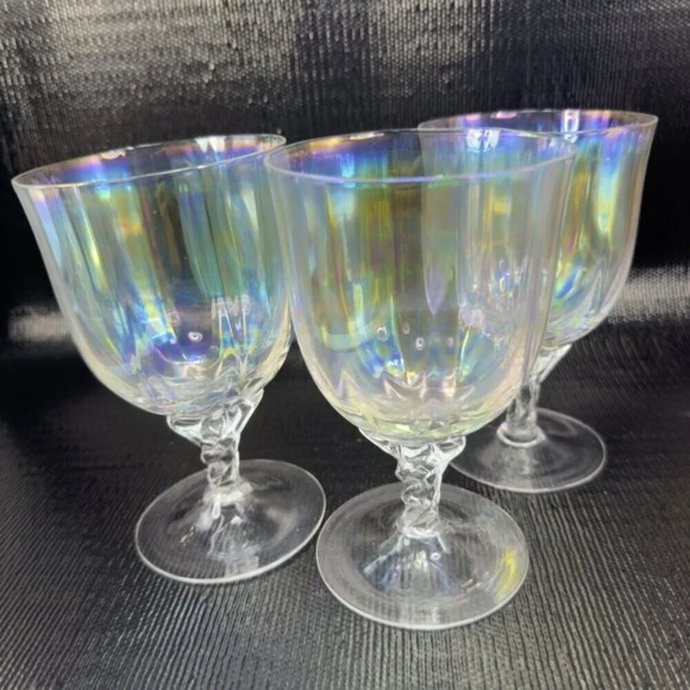 Vintage Iridescent Glass Footed Glasses Cups Drinking Goblets Twisted Stem Set 3